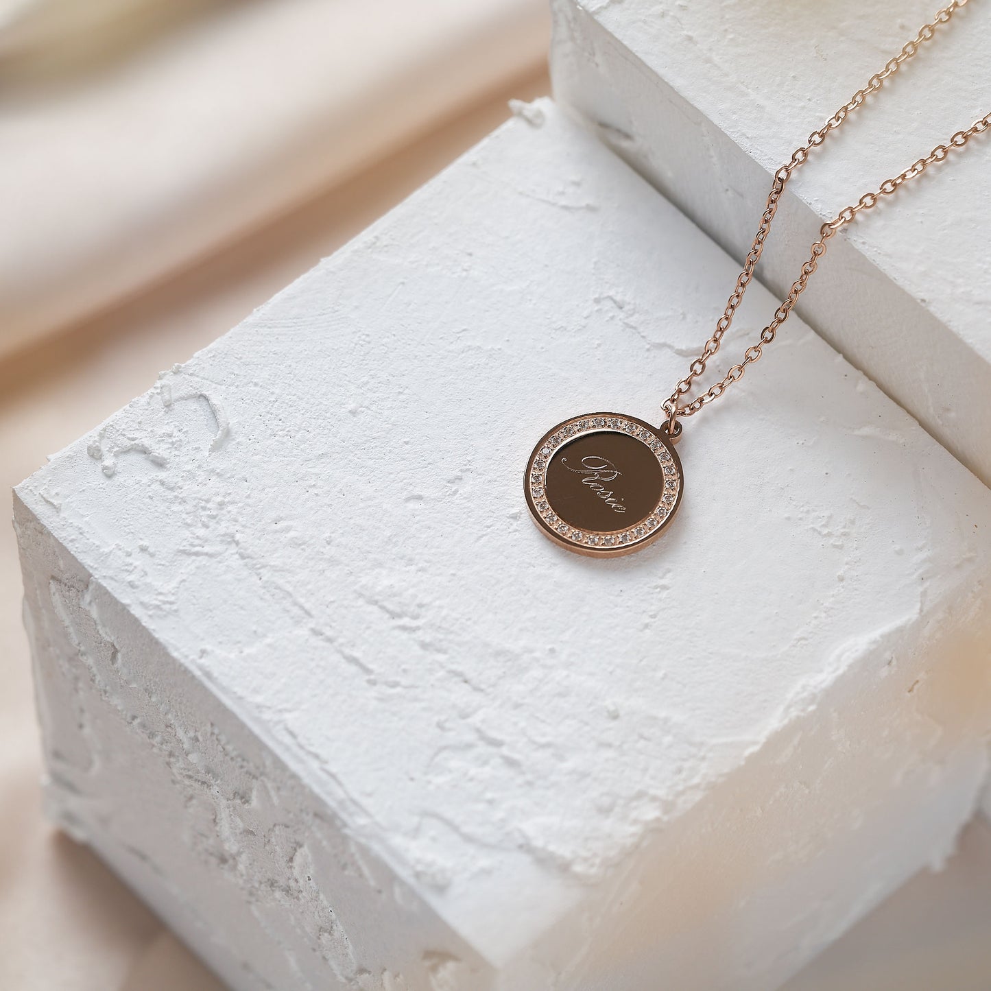 Engraved Crystal Coin Necklace