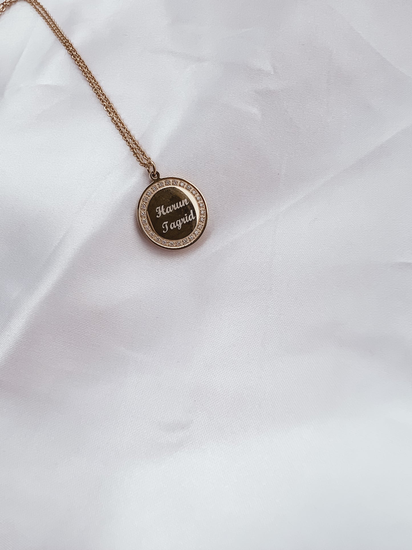 Engraved Crystal Coin Necklace